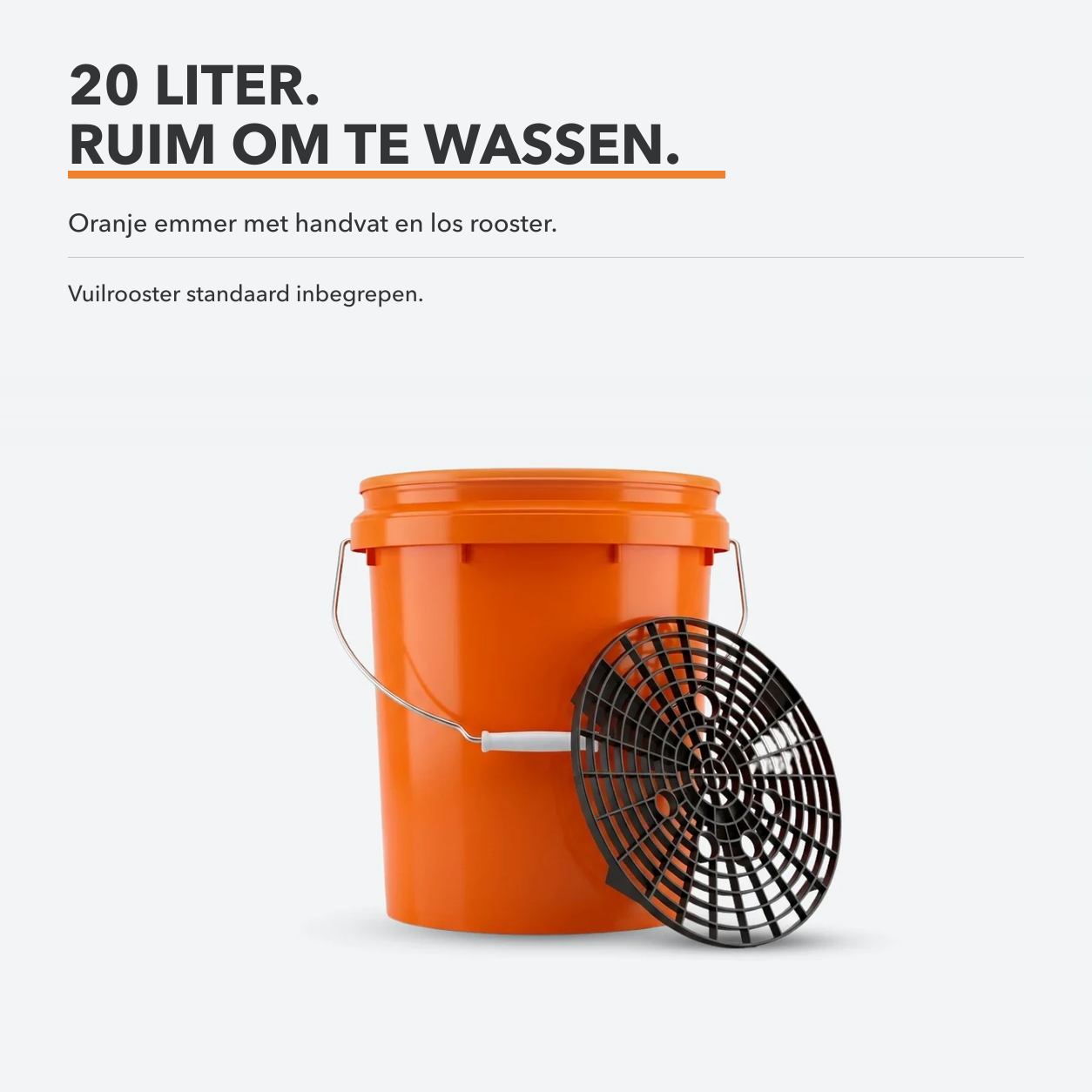 Carmotec Washbucket 20L: oranje wasemmer met handvat en los vuilrooster