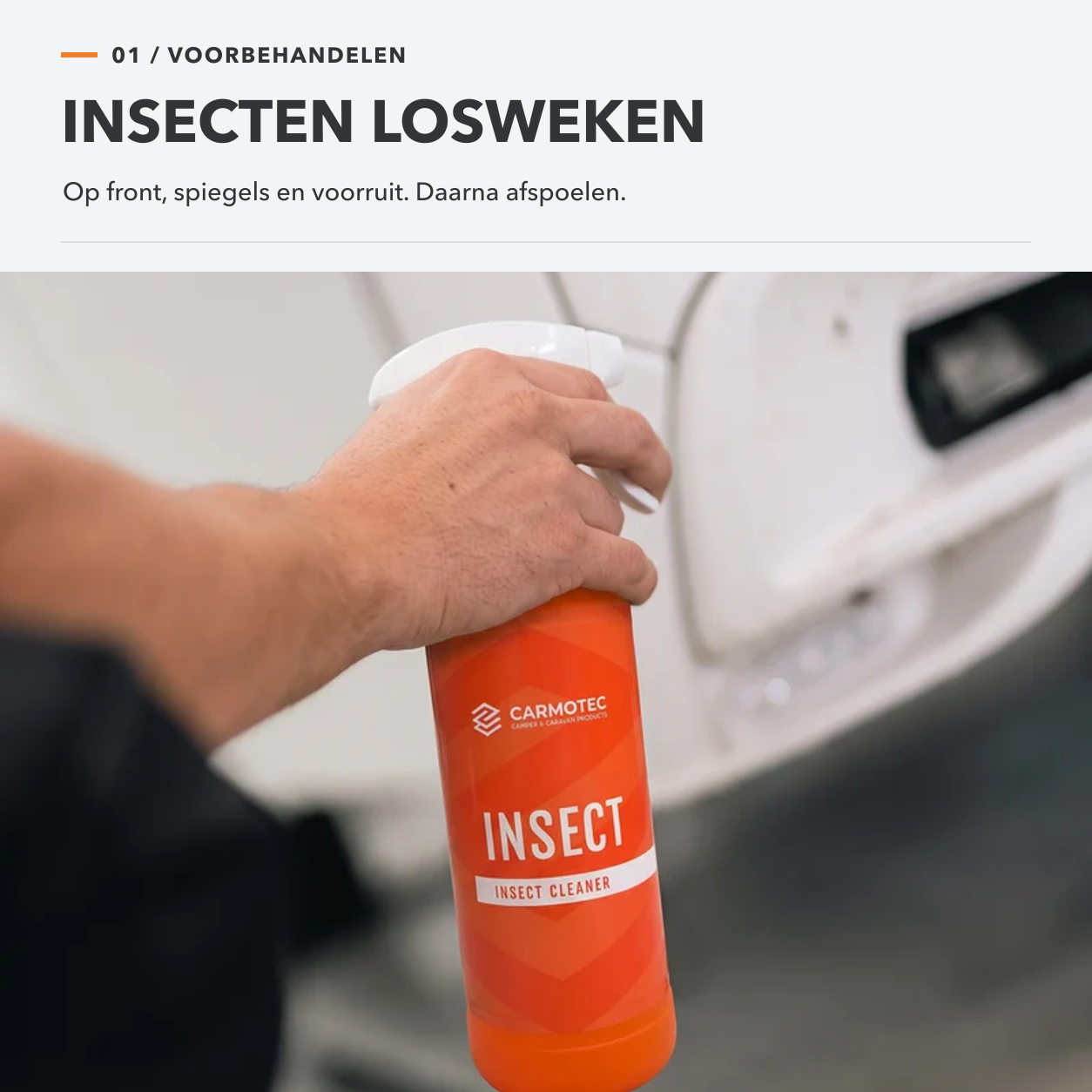 Carmotec Insect – insectenresten losweken op het front voor camper en caravan
