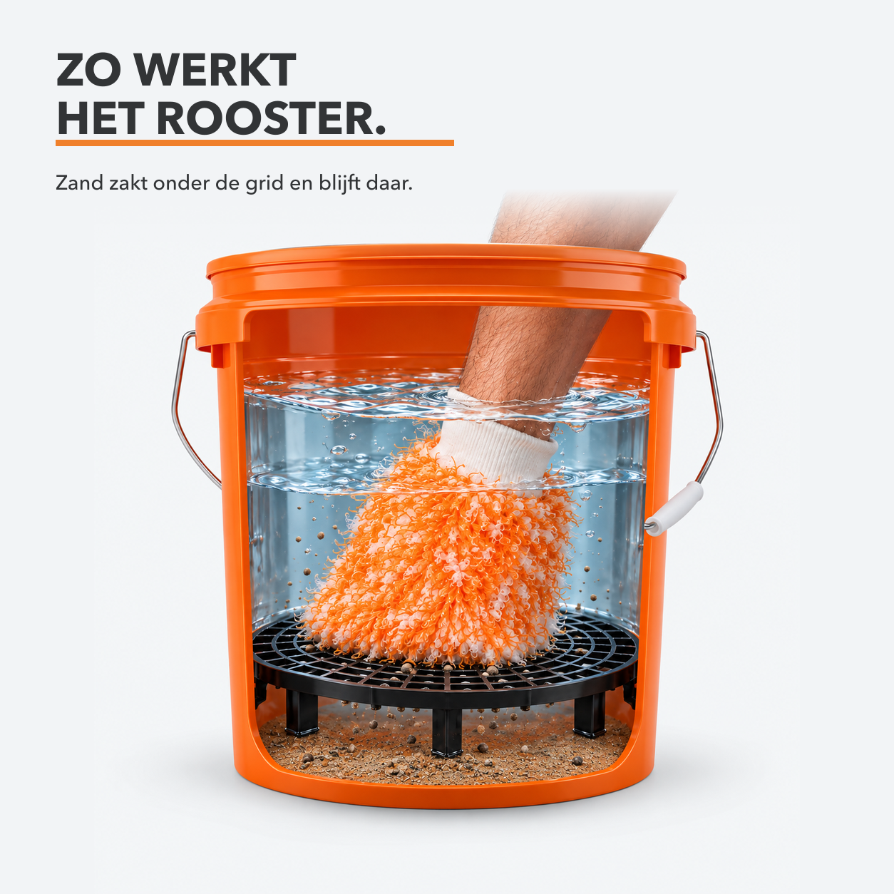 Zo werkt het vuilrooster: zand zakt onder de grid en blijft op de bodem van de wasemmer