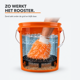 Zo werkt het vuilrooster: zand zakt onder de grid en blijft op de bodem van de wasemmer