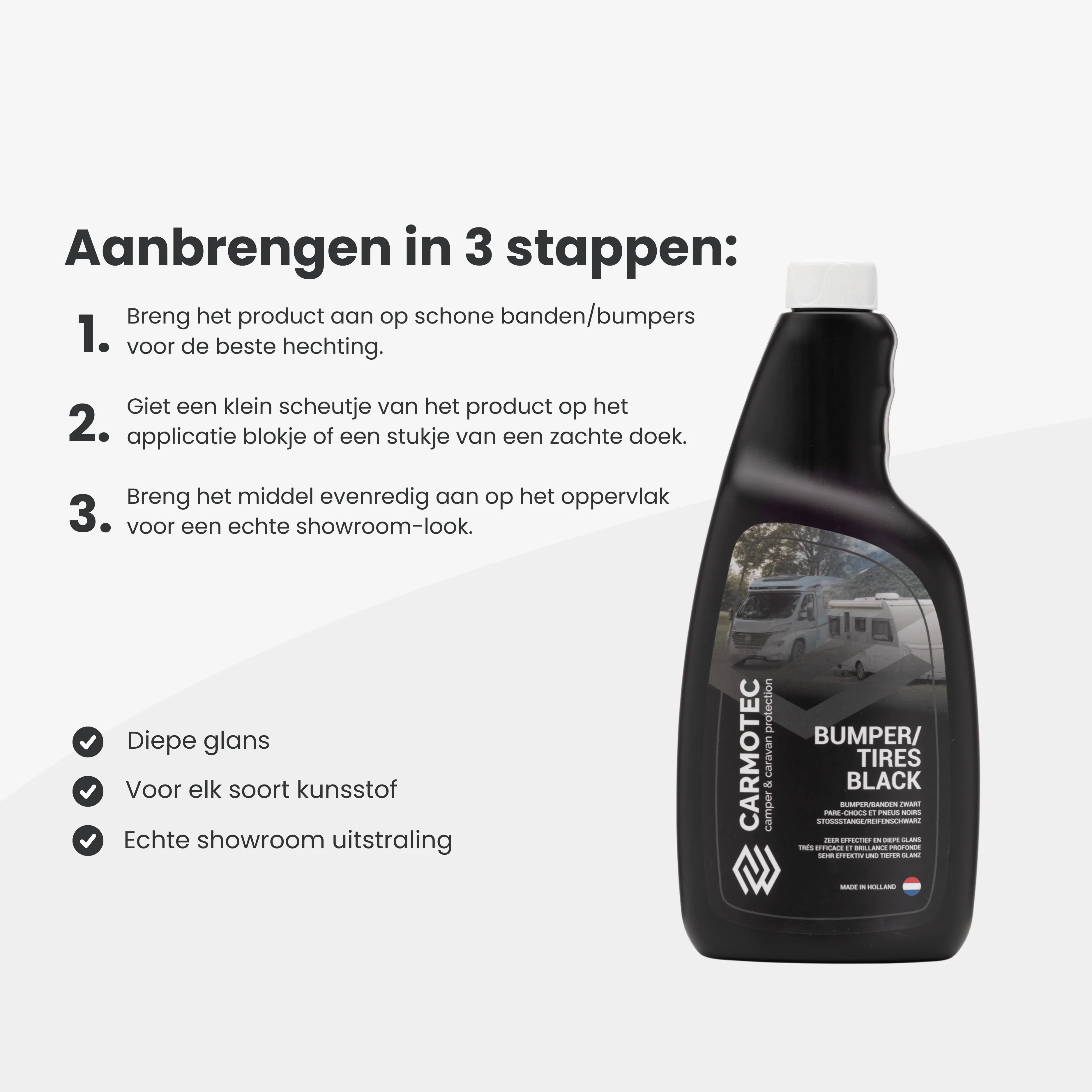 Carmotec Bumper Tires Black gebruiksaanwijzing – diepe glans voor banden en bumpers in 3 stappen, showroom uitstraling