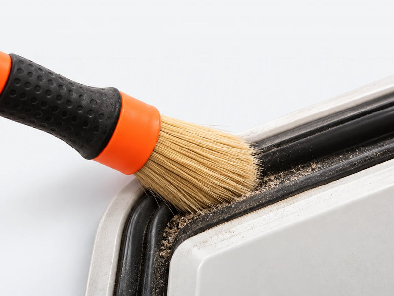Stevige detailkwast haalt vuil uit de naad langs een rubberrand van camper of caravan