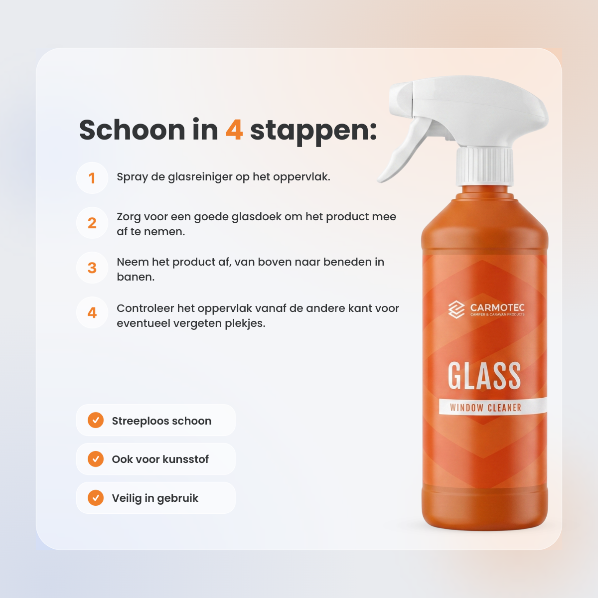 Carmotec Glass glasreiniger – stap-voor-stap instructie voor streeploos reinigen van camperramen