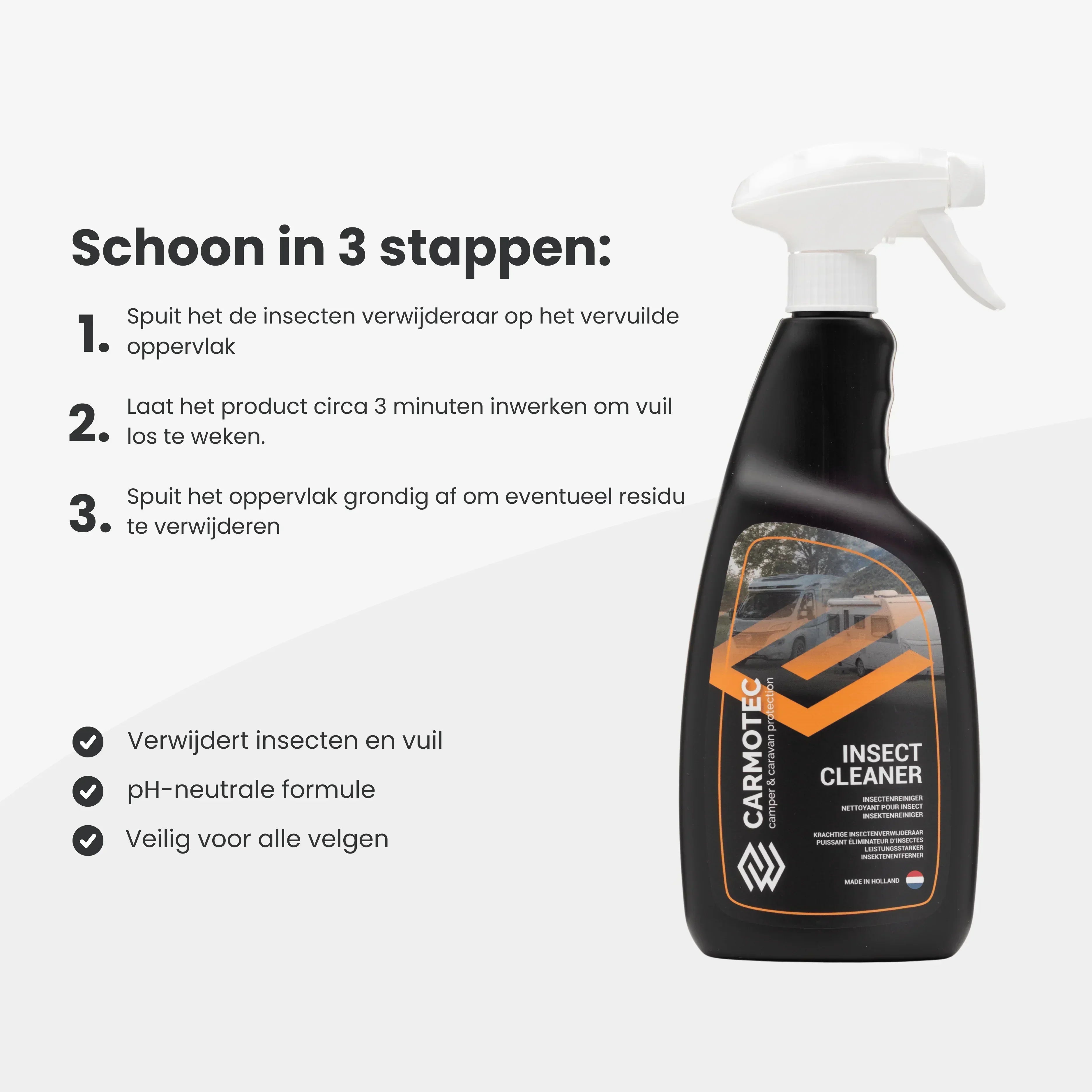 Carmotec Insectenreiniger gebruiksaanwijzing – schoon in 3 stappen, pH-neutraal, veilig voor alle oppervlakken
