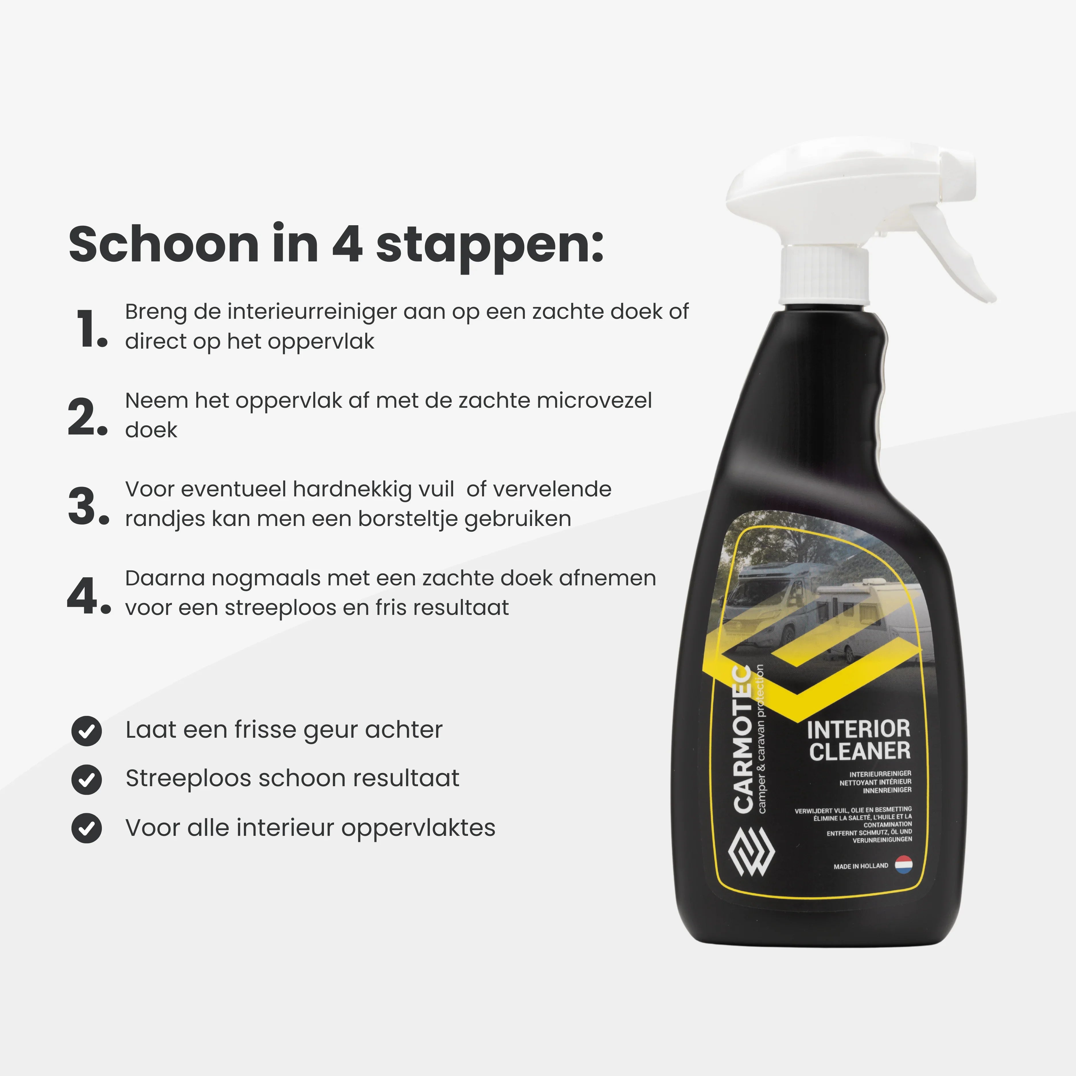 Carmotec Interieurreiniger gebruiksaanwijzing – schoon in 4 stappen, streeploos resultaat voor camper en caravan