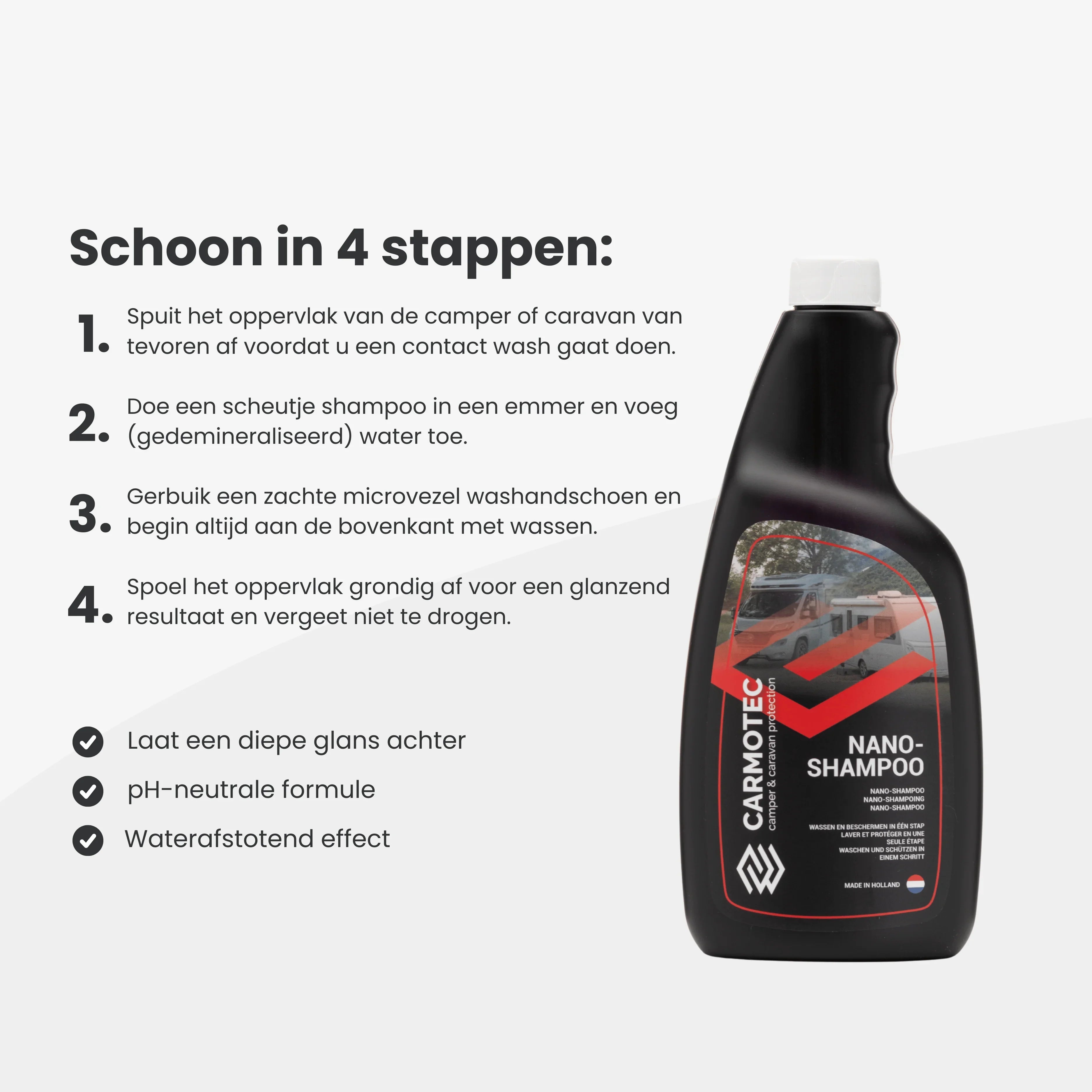 Carmotec Nano-Shampoo gebruiksaanwijzing – wassen in 4 stappen, waterafstotend effect en diepe glans