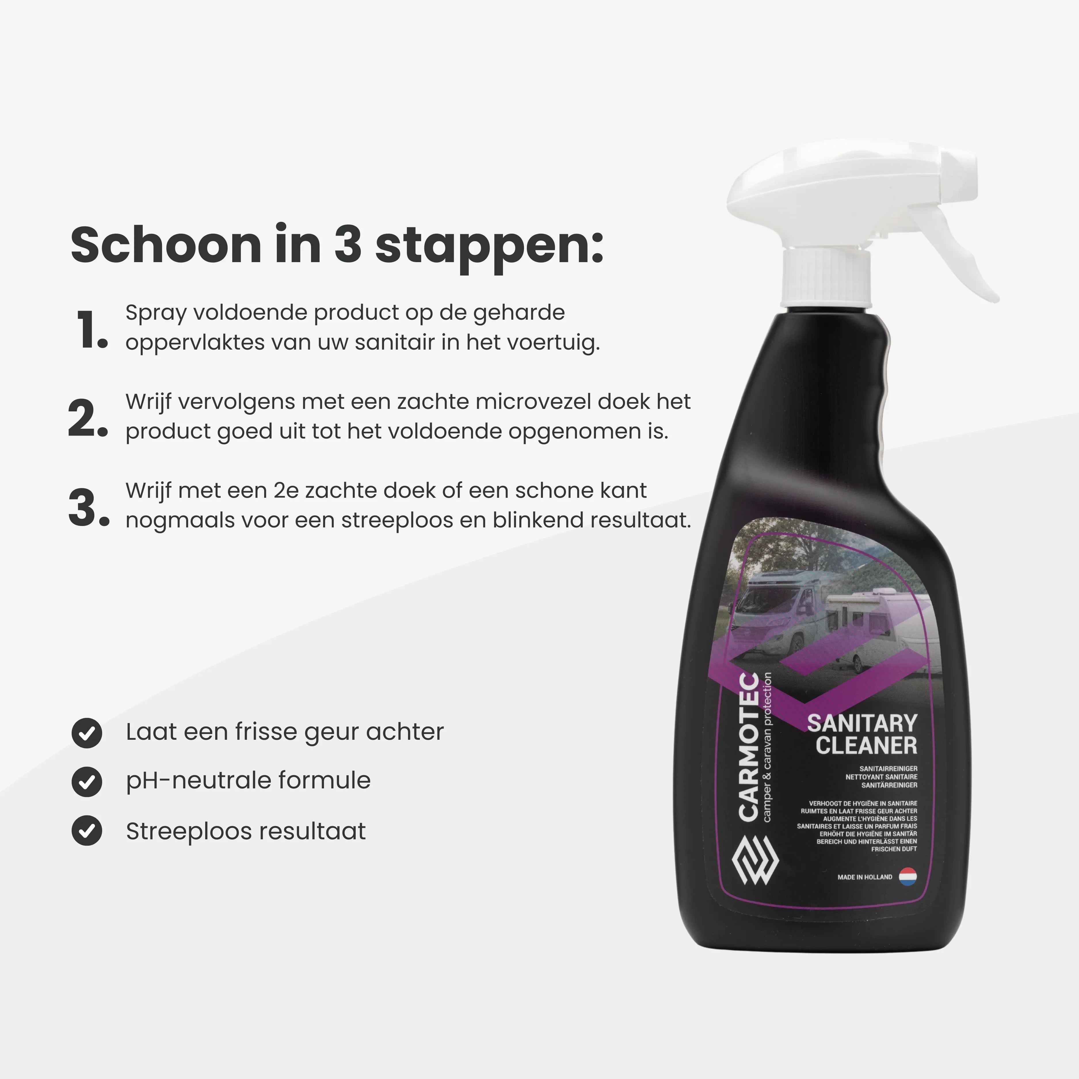 Carmotec Sanitairreiniger gebruiksaanwijzing – schoon in 3 stappen, pH-neutraal, frisse geur, voor camper en caravan