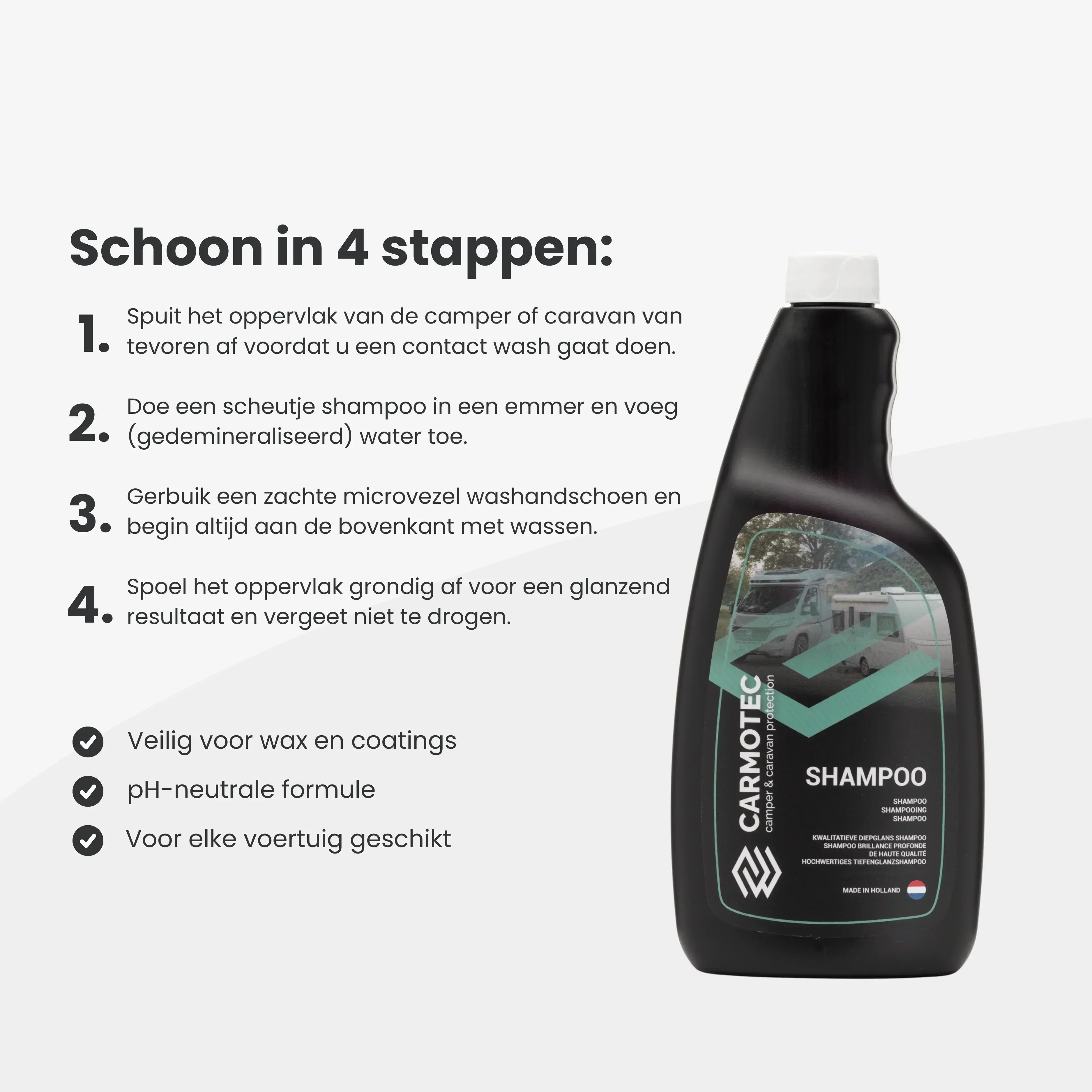 Carmotec Shampoo gebruiksaanwijzing – camper en caravan wassen in 4 stappen, pH-neutraal, voor elk voertuig
