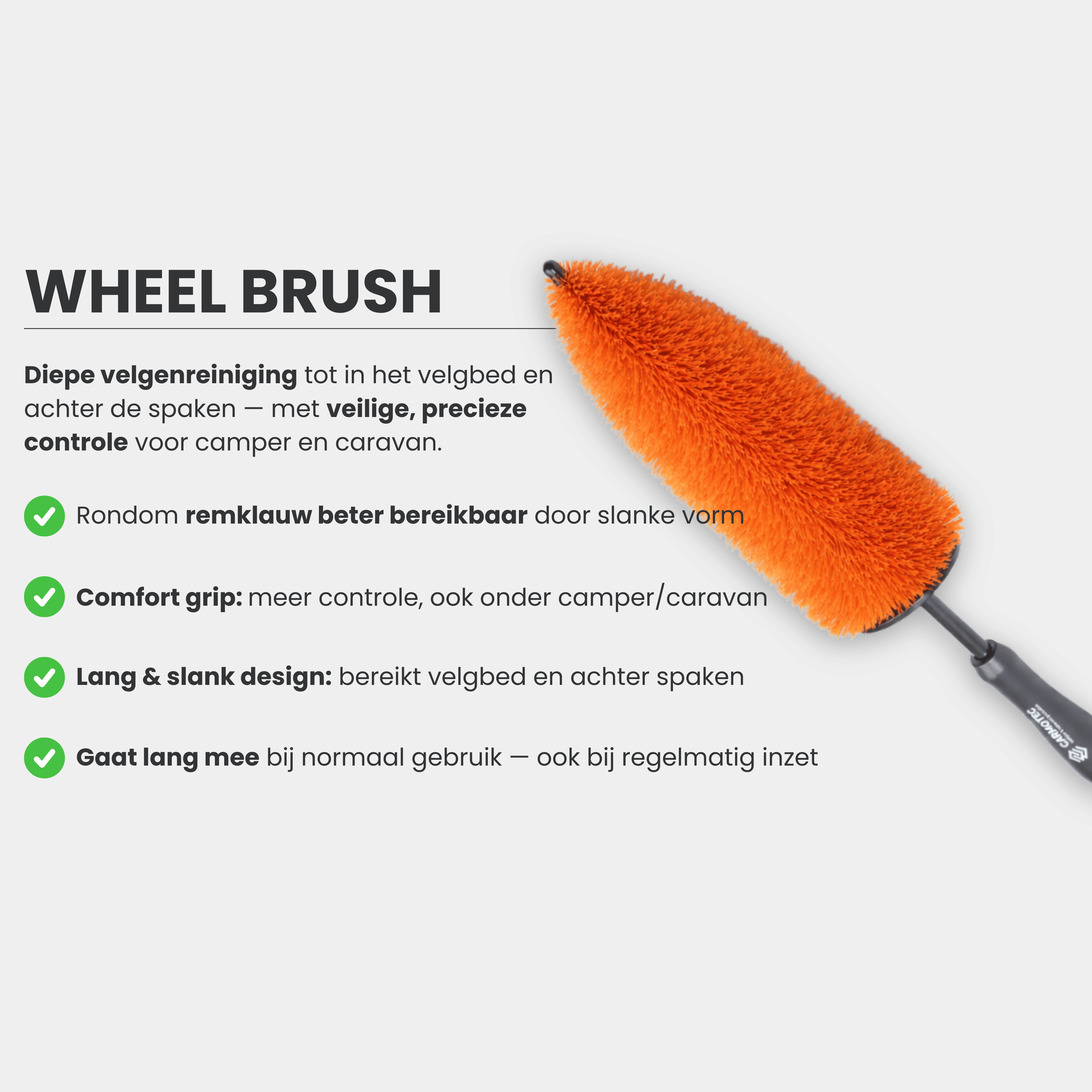 Carmotec Velgenborstel kenmerken – lang en slank design, comfort grip voor diepe velgenreiniging camper