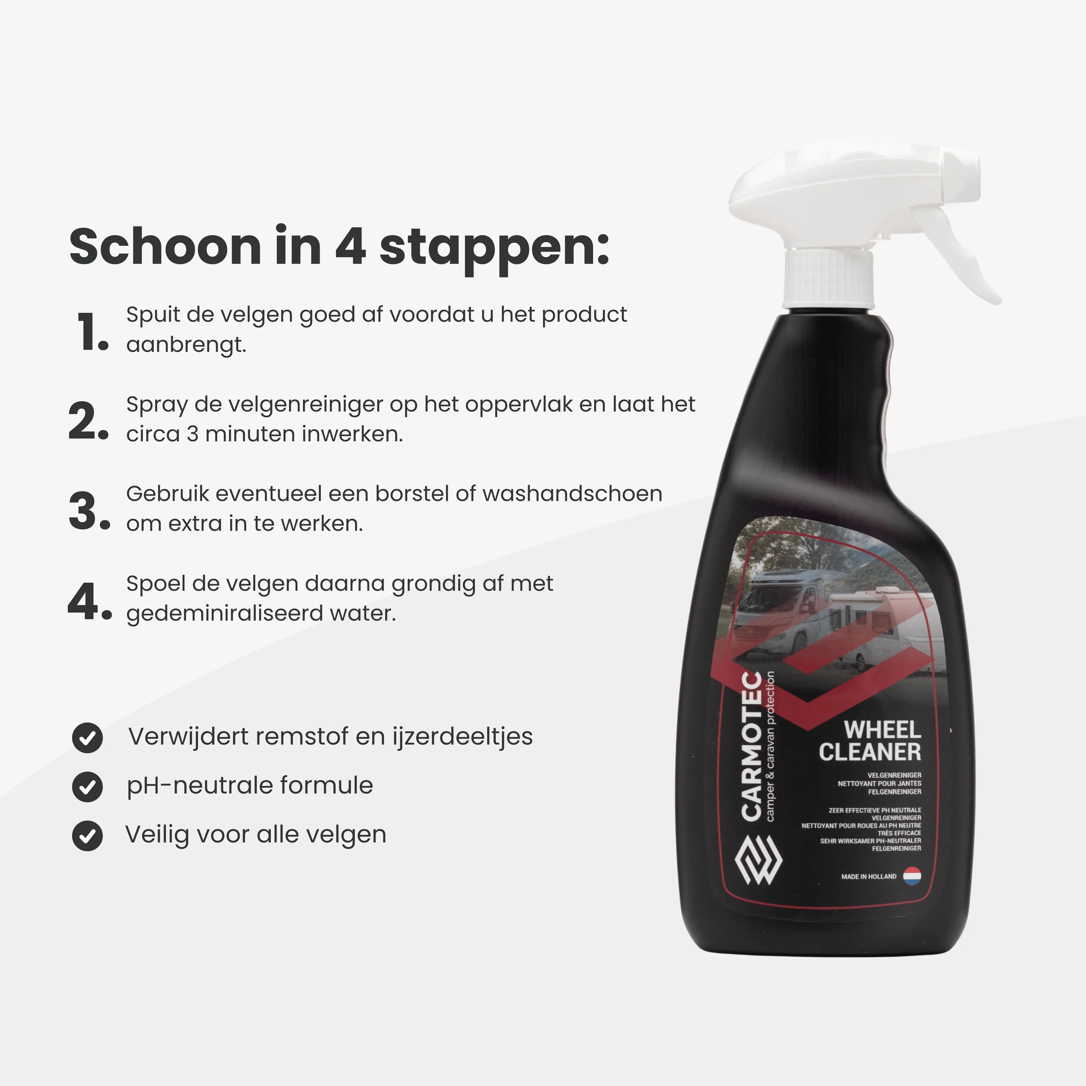 Carmotec Velgenreiniger gebruiksaanwijzing – schoon in 4 stappen, verwijdert remstof en ijzerdeeltjes