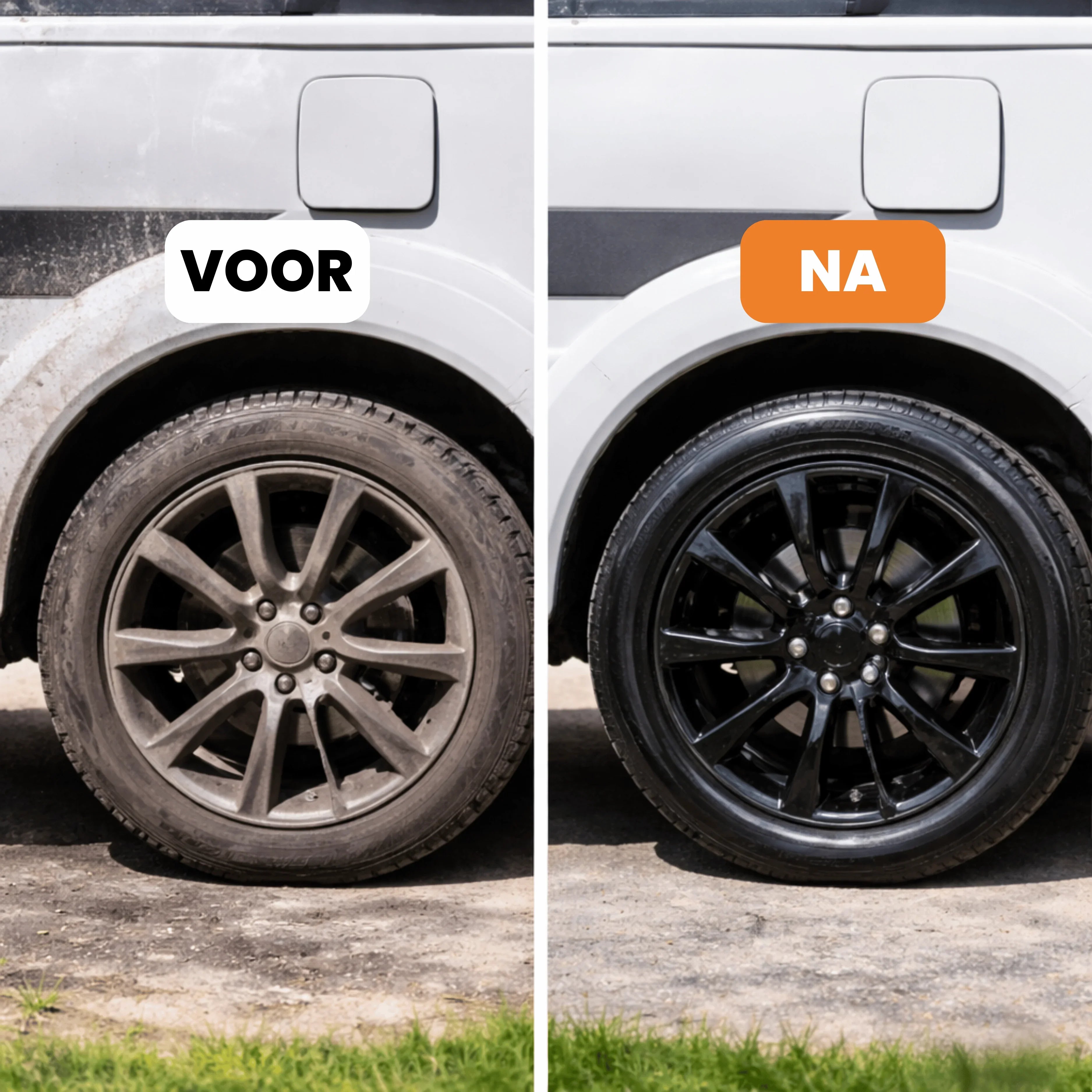 Voor en na gebruik Carmotec Velgenreiniger – velg van camper stralend schoon gewassen