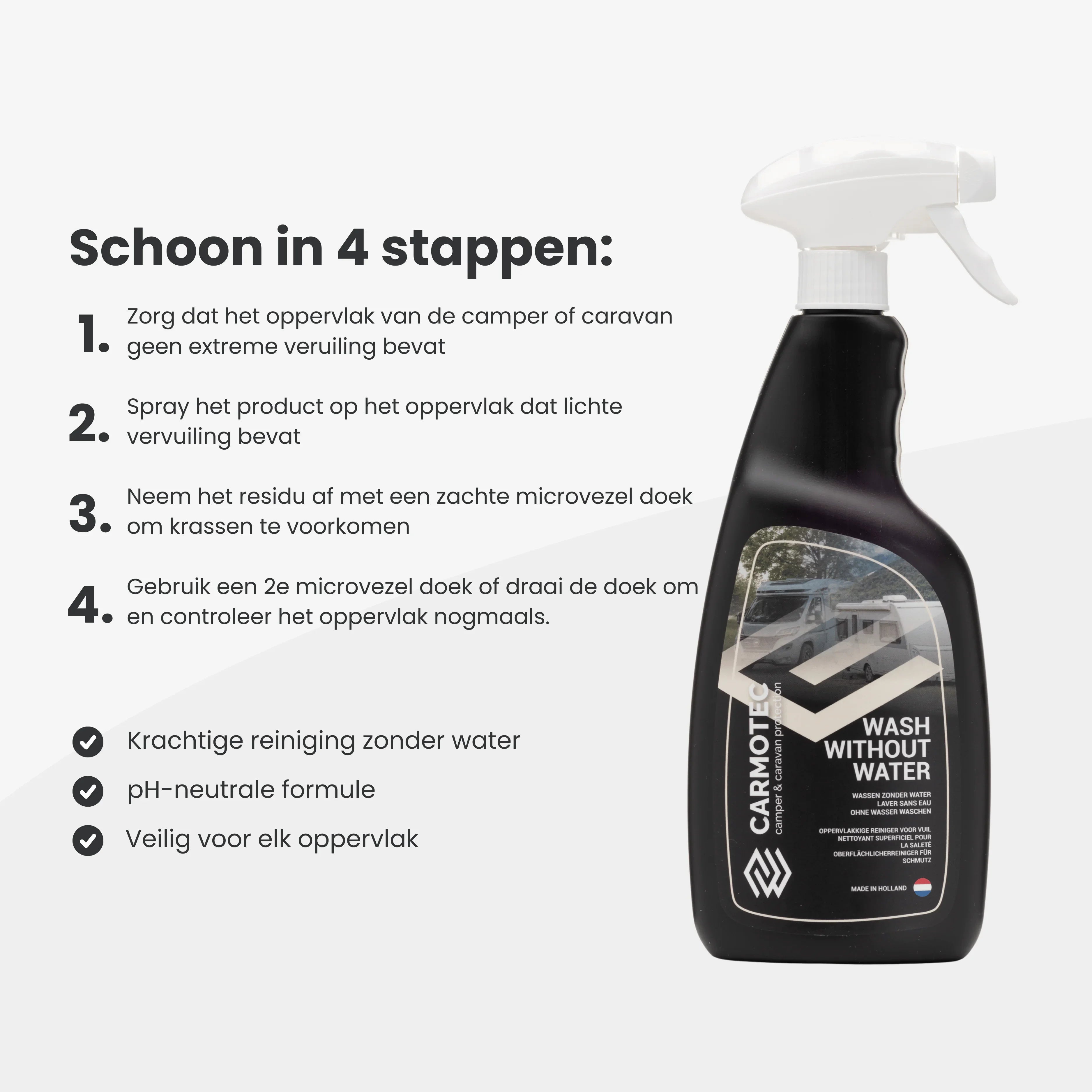 Carmotec Wassen zonder Water gebruiksaanwijzing – schoon in 4 stappen, pH-neutraal, veilig voor elk oppervlak