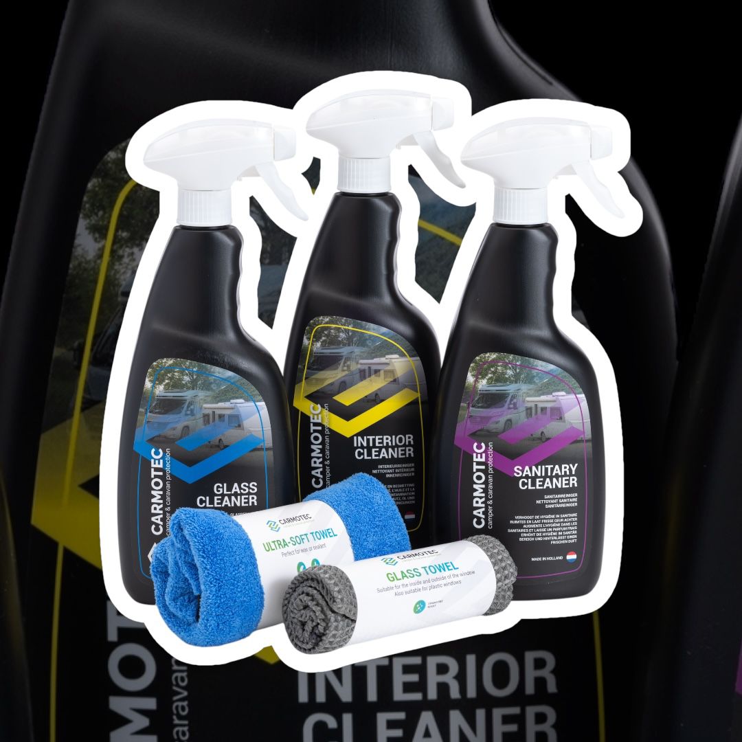 Carmotec Interieur Pakket – set met microvezeldoekjes en reinigers voor interieur, sanitair en ramen van campers en caravans.